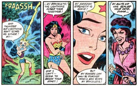 To Wonder Woman's horror she finds that the lightning bolt has fused her bracelets together!