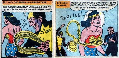Bound by her own lasso, Wonder Woman is compelled to obey the villain's every command!