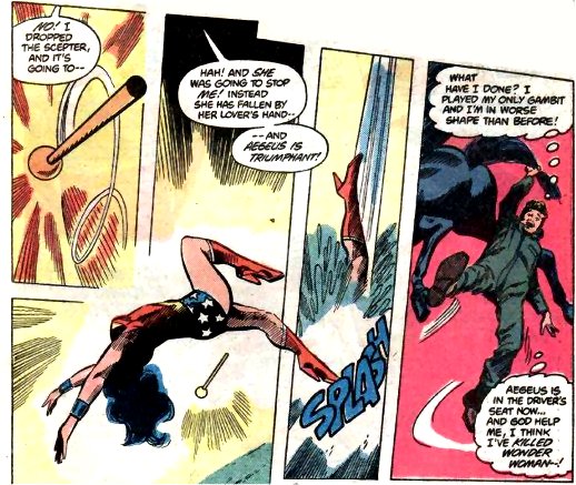A horrified Steve watches helplessly as the Scepter strikes Wonder Woman and with a flash of light she plummets earthwards.