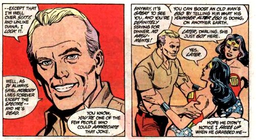 Wonder Woman is greeted by the Earth Two Steve Trevor