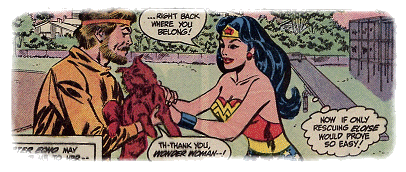 Wonder Woman hands the dog back to its grateful owner!