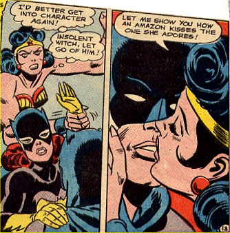 Wonder Woman quickly ets into character and kisses Batman!