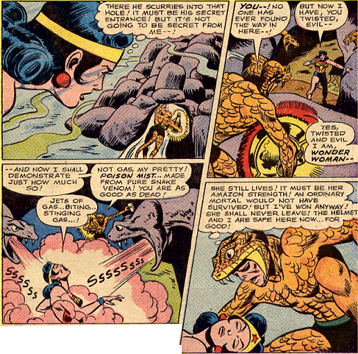 Wonder Woman tracks Copperhead back to his lair but is felled by poisoned gas!